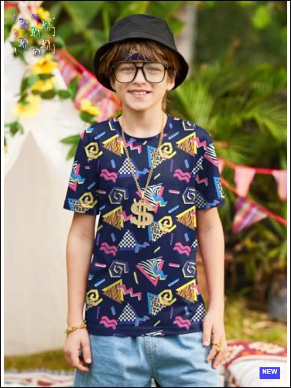 Boys 6Pc 80s HipHop Costume Set T-Shirt Headband Glasses